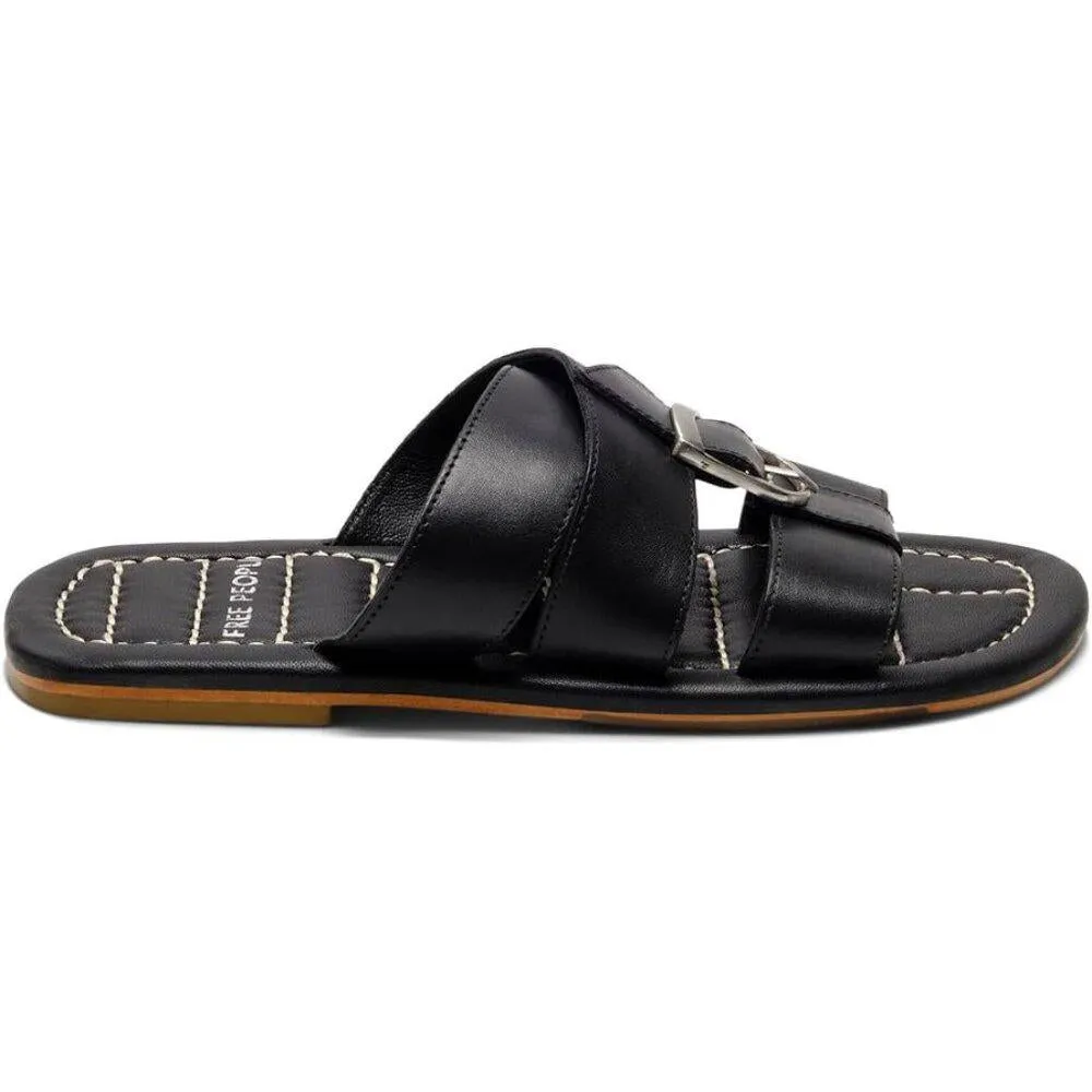 Sloan Black Leather Buckle Flat Slides