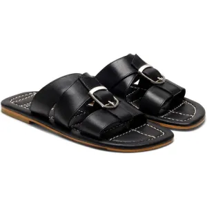 Sloan Black Leather Buckle Flat Slides