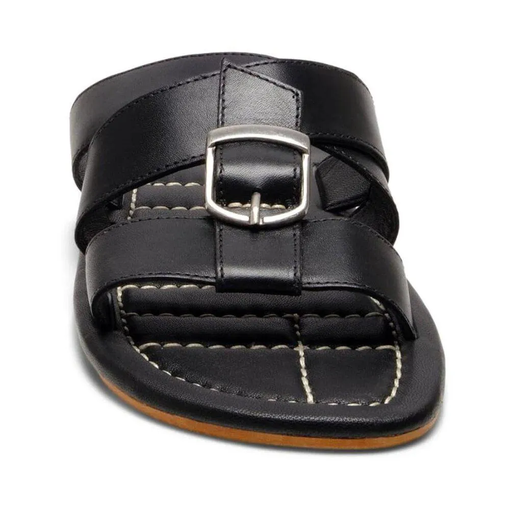 Sloan Black Leather Buckle Flat Slides
