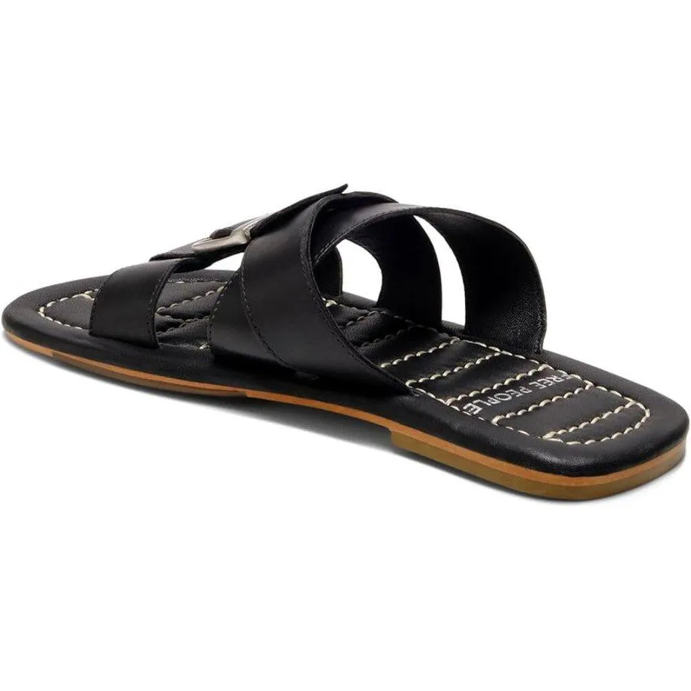 Sloan Black Leather Buckle Flat Slides