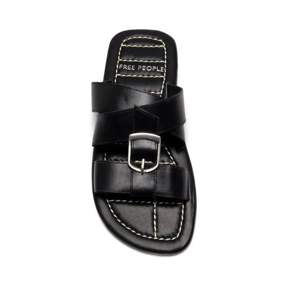 Sloan Black Leather Buckle Flat Slides