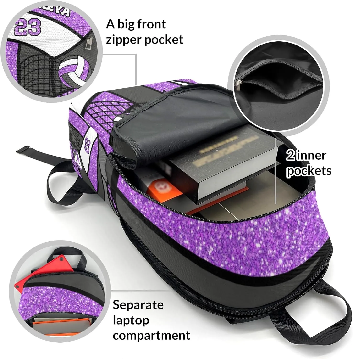 Sport Volleyball Glitter Purple Personalized Backpack for Teen Custom Travel Backpack for Boys Girs Bookbag Casual Bag Name Gift, Design 14, EU5566SS