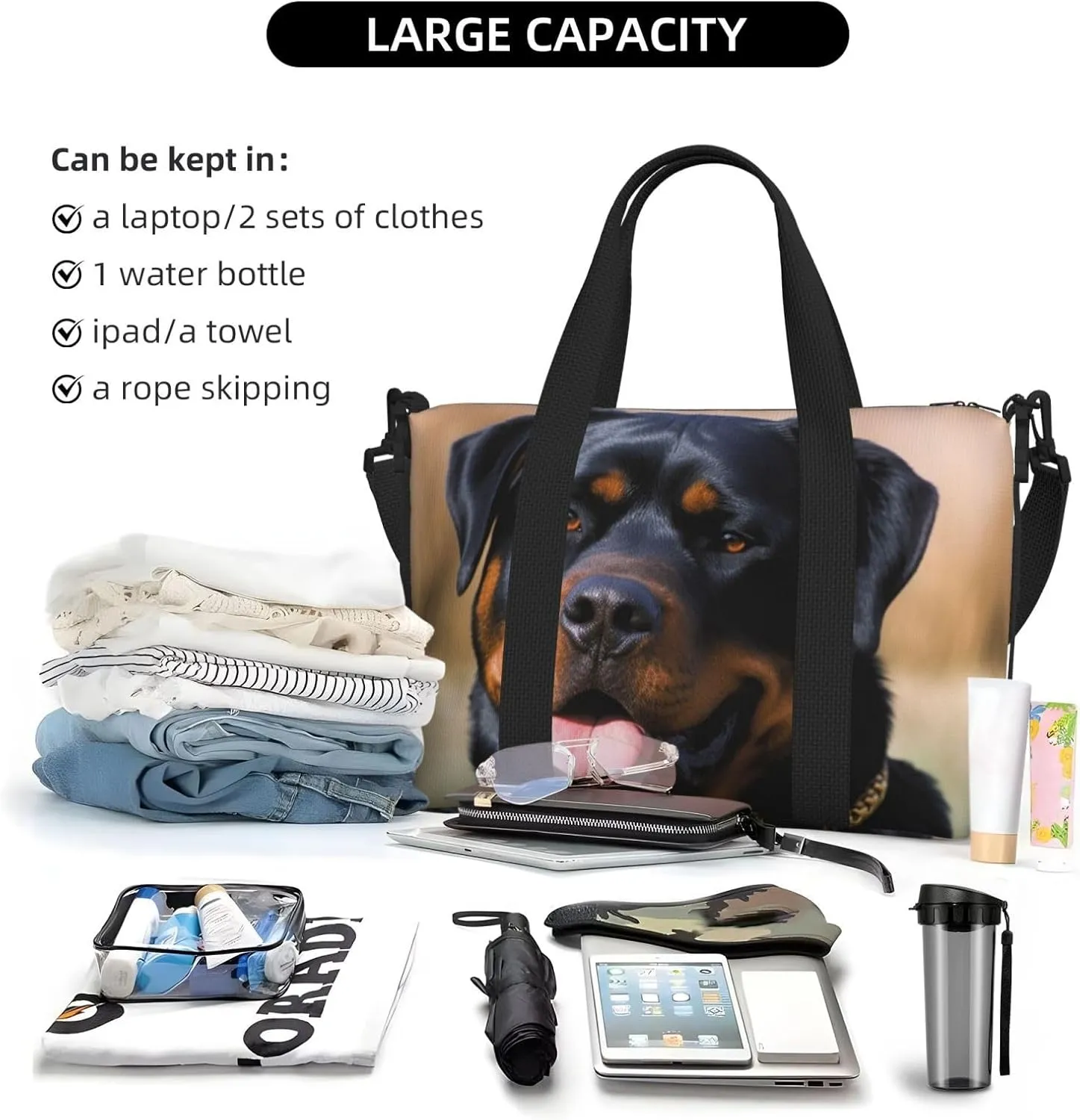 Sports Gym Bag for Women Men Travel Duffel Bag Tote Rottweiler dog Weekender Bag Canvas Carry on Overnight Bag for Travel Swimming Fitness Workout Sports Duffle Bag