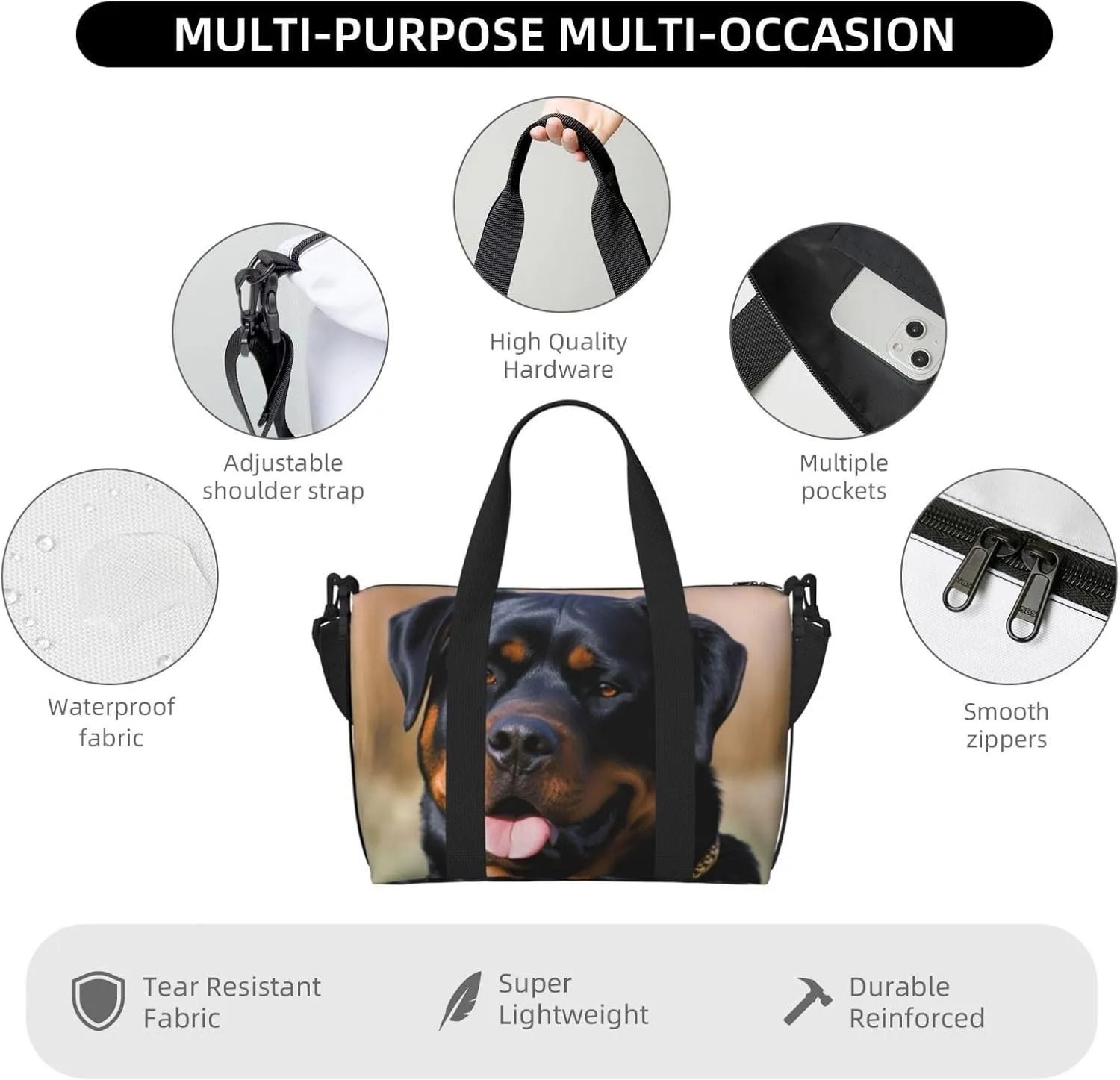 Sports Gym Bag for Women Men Travel Duffel Bag Tote Rottweiler dog Weekender Bag Canvas Carry on Overnight Bag for Travel Swimming Fitness Workout Sports Duffle Bag