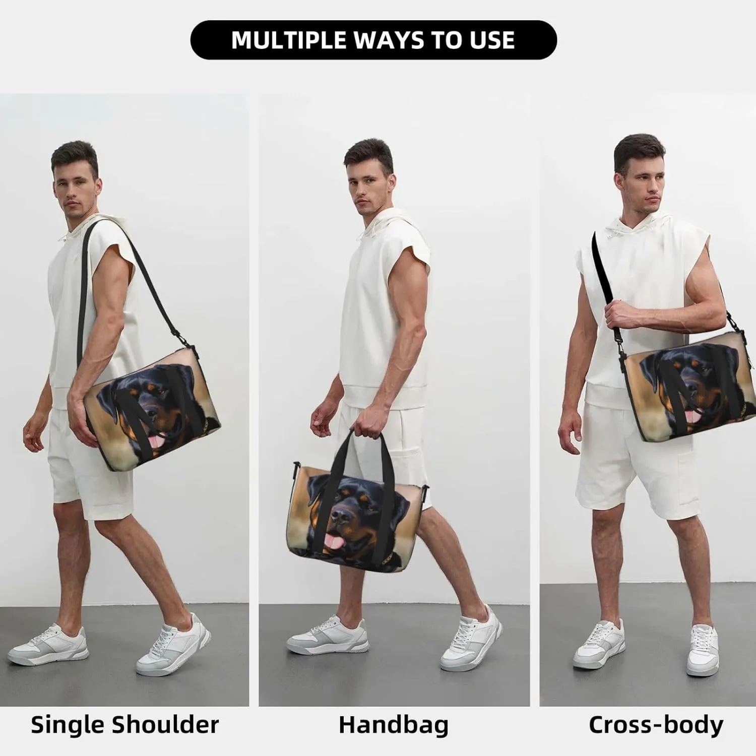 Sports Gym Bag for Women Men Travel Duffel Bag Tote Rottweiler dog Weekender Bag Canvas Carry on Overnight Bag for Travel Swimming Fitness Workout Sports Duffle Bag