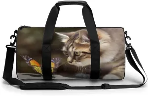 Sports Gym Bag for Women Men Travel Duffel Bag Tote Weekender Bag Cat And Butterfly Carry on Overnight Bag for Travel Swimming Fitness Workout Sports Duffle Bag