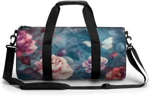 Sports Gym Bag for Women Men Travel Duffel Bag Tote Weekender Bag Elegant Blue Flowers Carry on Overnight Bag for Travel Swimming Fitness Workout Sports Duffle Bag