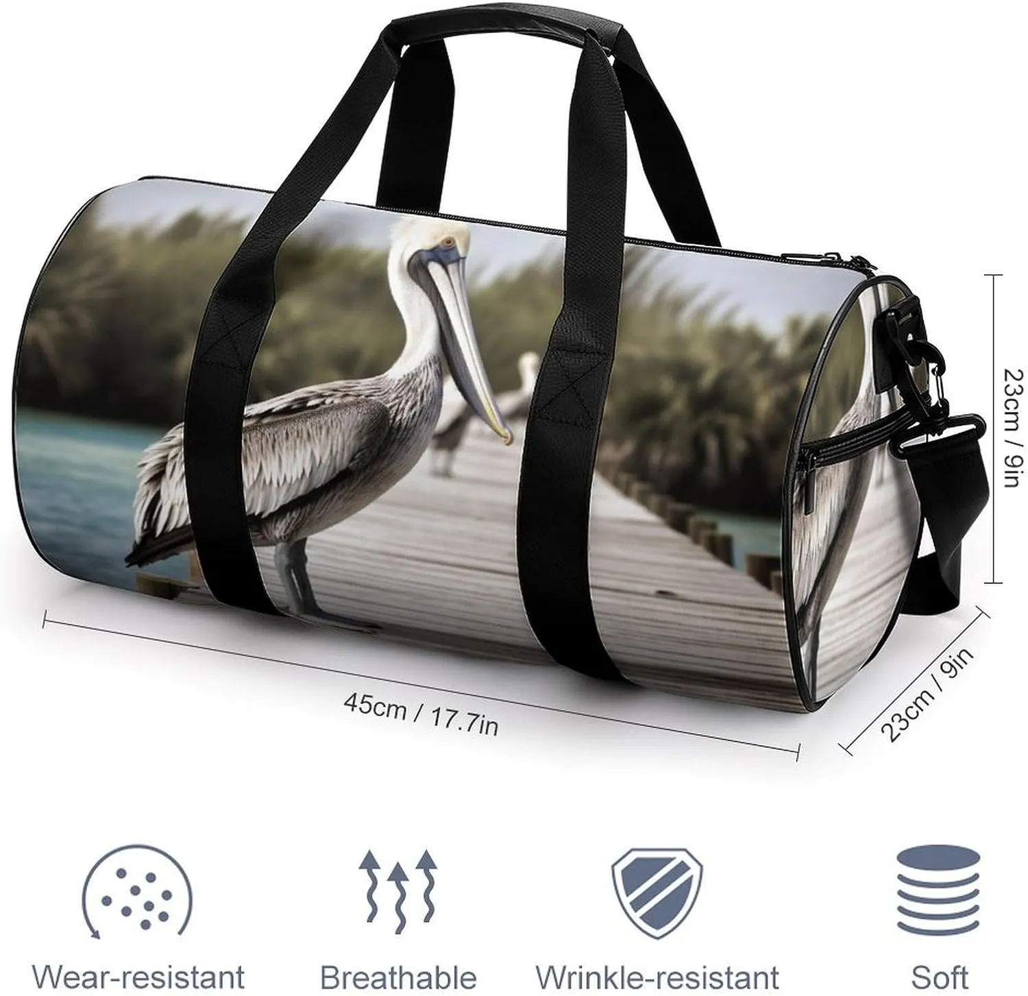 Sports Gym Bag for Women Men Travel Duffel Bag Tote Weekender Bag Pelican On Wood Bridge Carry on Overnight Bag for Travel Swimming Fitness Workout Sports Duffle Bag