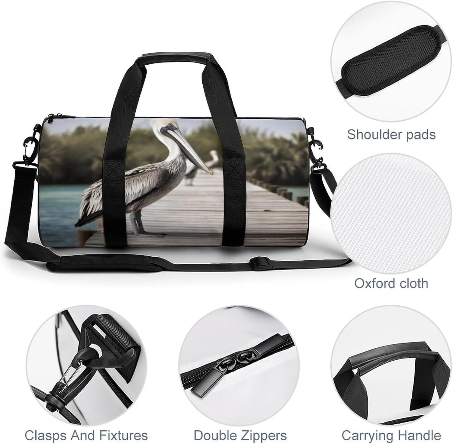 Sports Gym Bag for Women Men Travel Duffel Bag Tote Weekender Bag Pelican On Wood Bridge Carry on Overnight Bag for Travel Swimming Fitness Workout Sports Duffle Bag