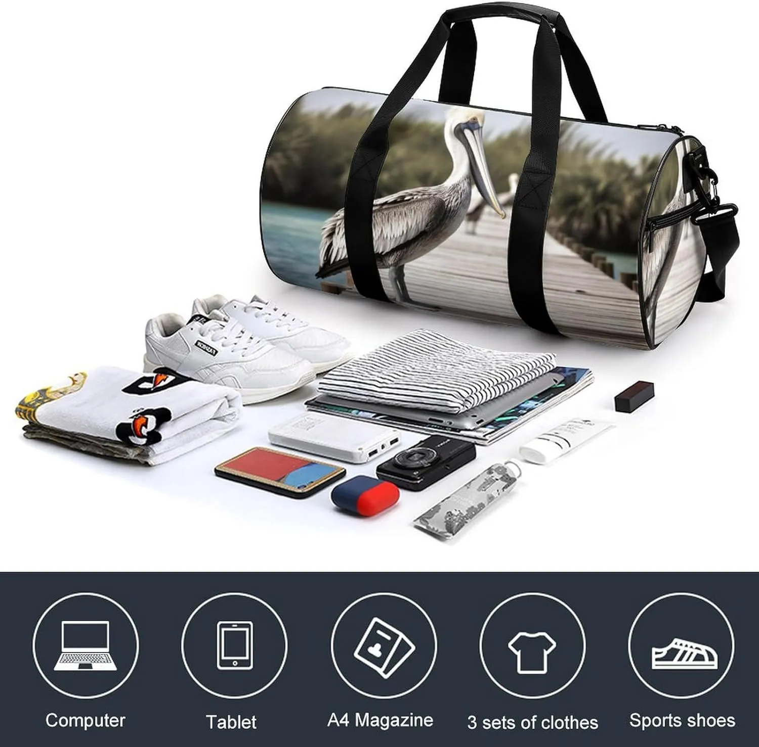 Sports Gym Bag for Women Men Travel Duffel Bag Tote Weekender Bag Pelican On Wood Bridge Carry on Overnight Bag for Travel Swimming Fitness Workout Sports Duffle Bag