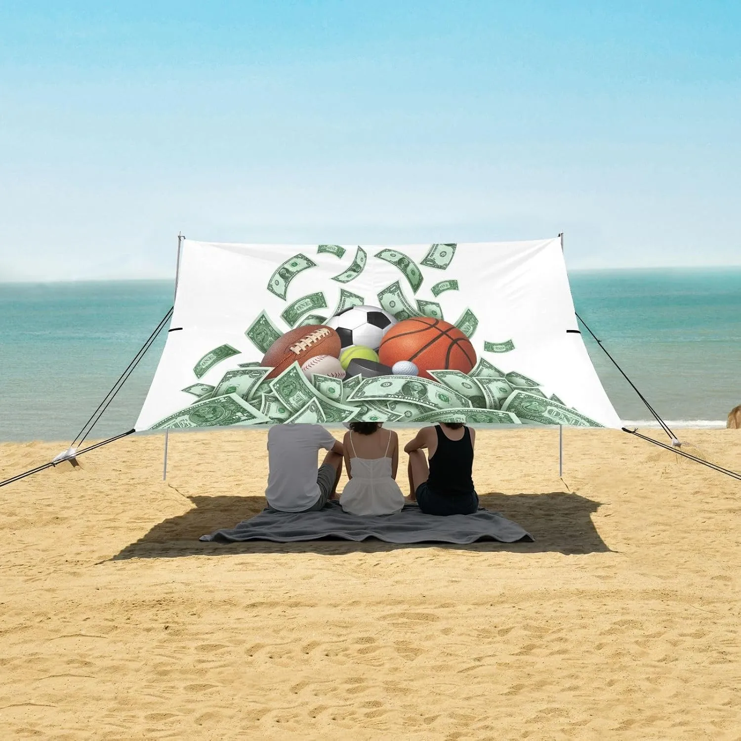 Sports Theme Lot of Dollars Beach Camping Tent Sun Shelter for Whole Family, Beach Shade Canopy with UPF50  UV Protection,Easy Set Up and Carry,Outdoor Shade for Trips, Fishing, Backyard Fun P
