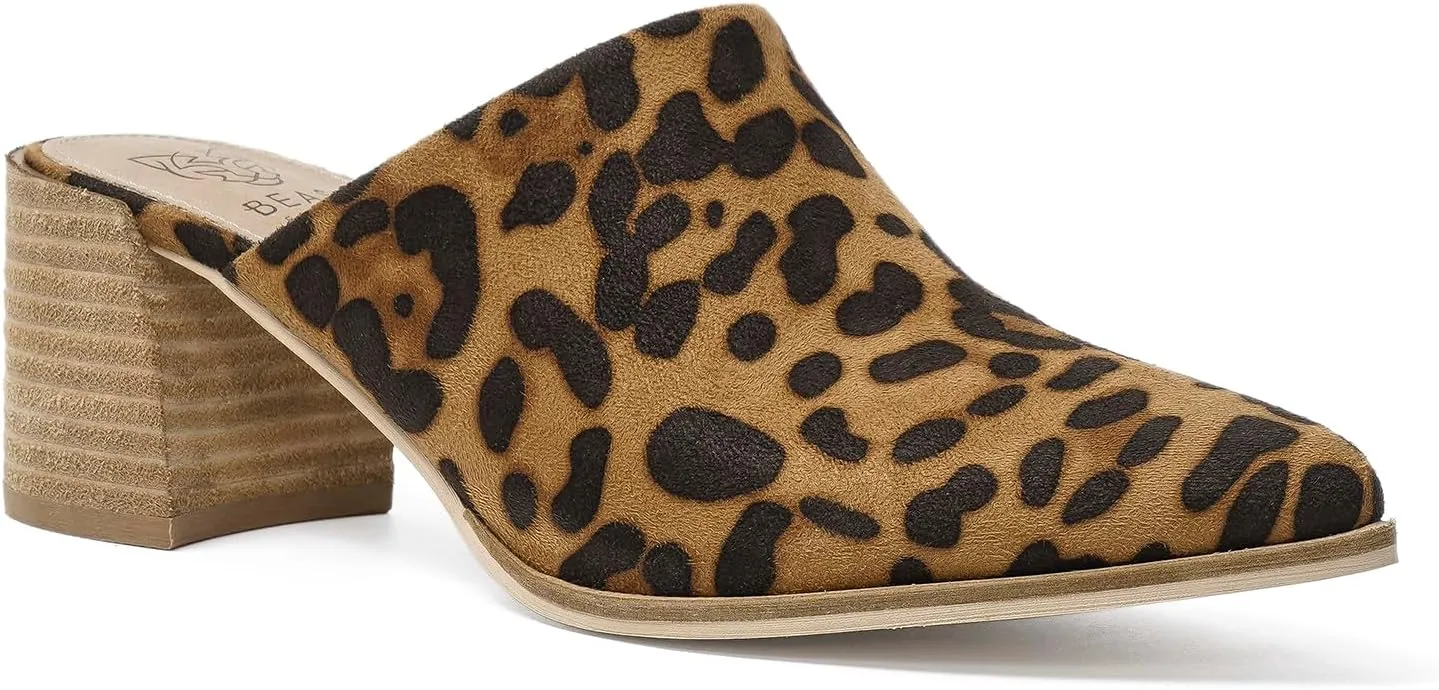 Suede Mules for Women Stacked Heel Mules Backless Mules Closed Toe Slide On Slide Mules Leopard Sandals