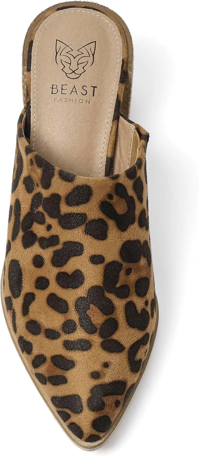 Suede Mules for Women Stacked Heel Mules Backless Mules Closed Toe Slide On Slide Mules Leopard Sandals