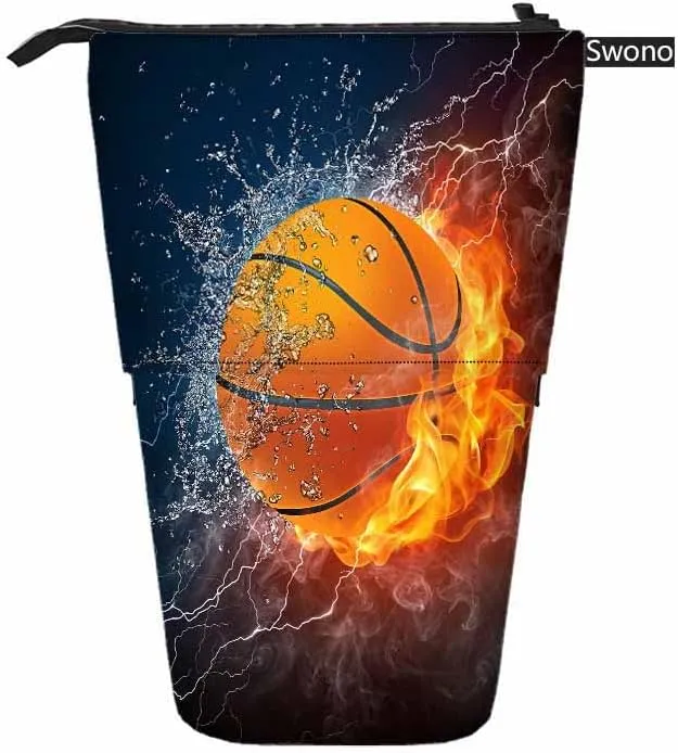 Swono Burning Basketball Pencil Holder Flame Water Ball Stand Up Pencil Case Organizer Pencil Pouch Makeup Bag Gift Blue Black