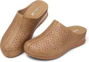 TEMOFON Clogs for Women Mules Slip on: Comfortable Wedge Clogs Dressy Summer Fall Mules Brown Size 10 Closed Toe Platform Sandals Shoes
