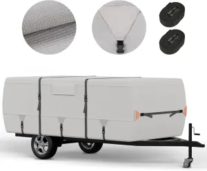 Tuszom True 900D Oxford Anti-Scratch Pop Up Camper Trailer Cover, Upgraded Waterproof Anti-UV Folding Camping RV Cover, Fit 12'-14' with 7 PCS Reinforced Windproof Straps for Motorhome