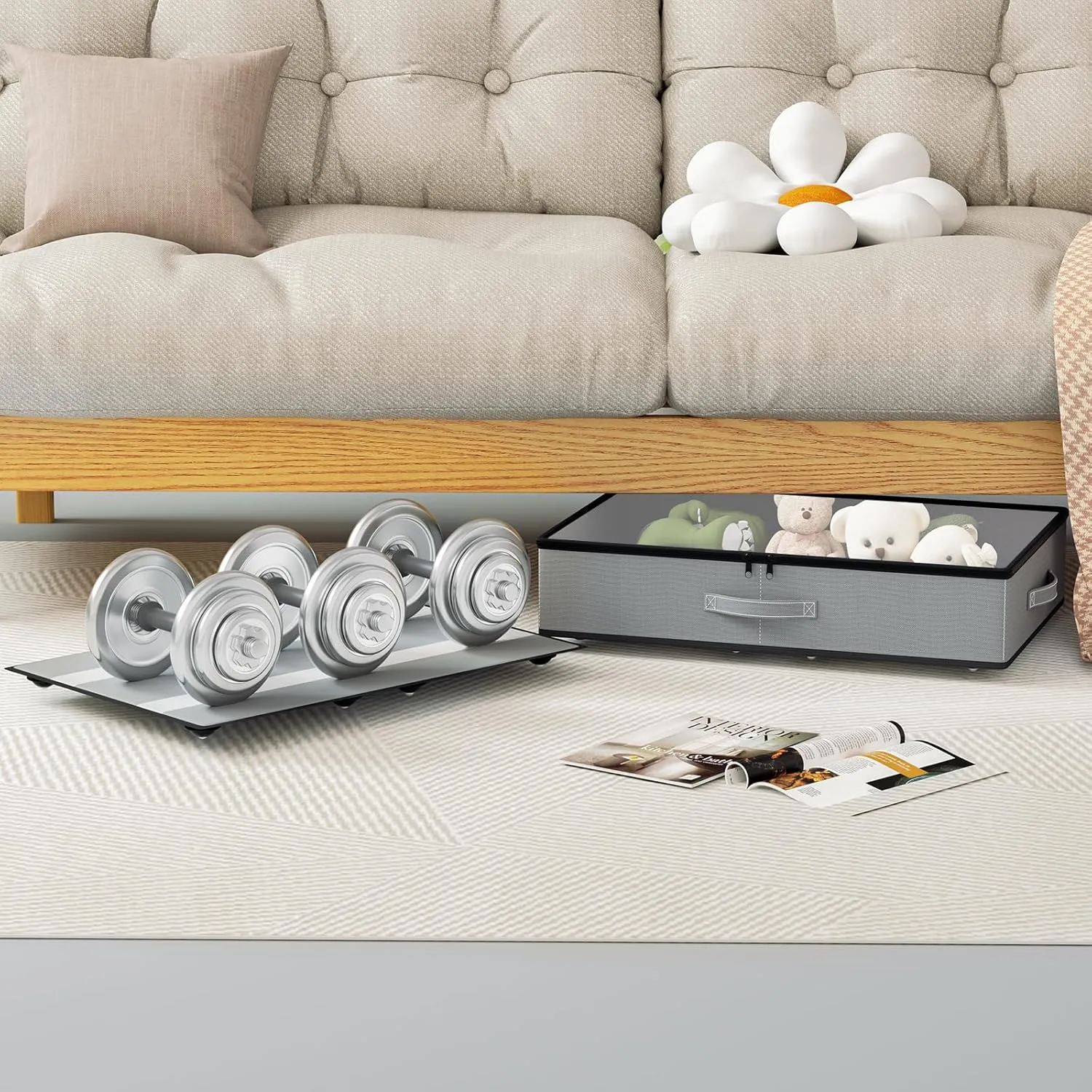 Under Bed Storage with Wheels, No Assemble Required 5.5 inches height grey under bed storage bins,Low Profile Rolling Under bed Shoe Storage containers，dorm under bed storage drawers