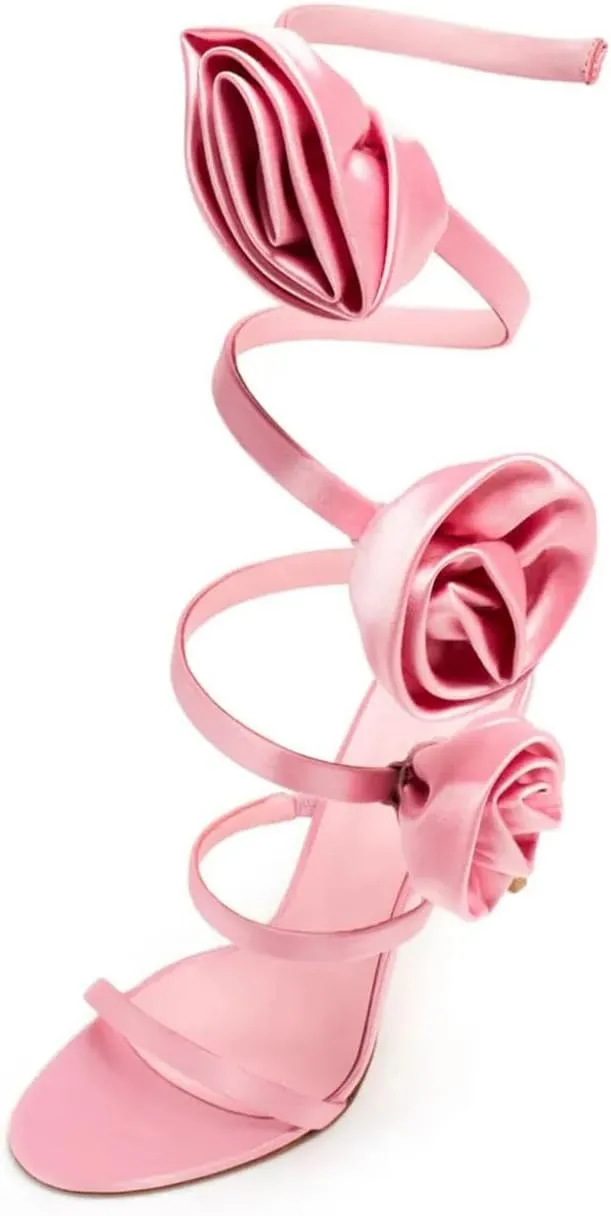 Vertundy Women's Flower High Heeled Sandals Wrapped Around The Ankles Satin Strap Stiletto Heel Dress Sandal Shoes