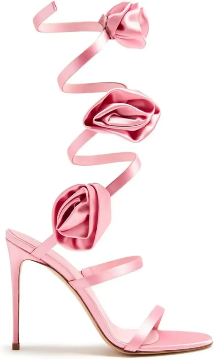 Vertundy Women's Flower High Heeled Sandals Wrapped Around The Ankles Satin Strap Stiletto Heel Dress Sandal Shoes