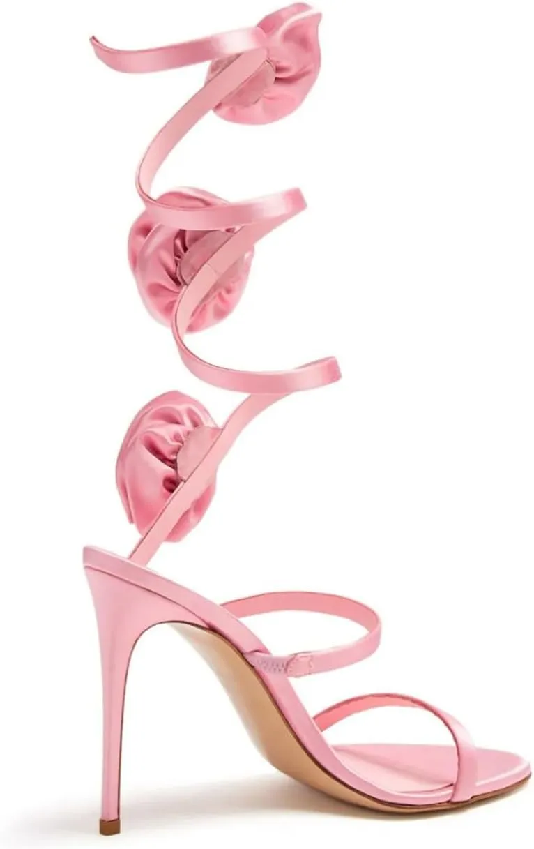 Vertundy Women's Flower High Heeled Sandals Wrapped Around The Ankles Satin Strap Stiletto Heel Dress Sandal Shoes