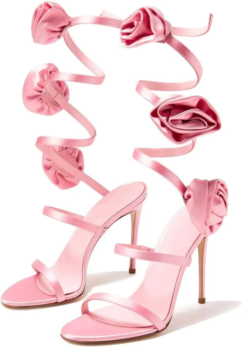 Vertundy Women's Flower High Heeled Sandals Wrapped Around The Ankles Satin Strap Stiletto Heel Dress Sandal Shoes
