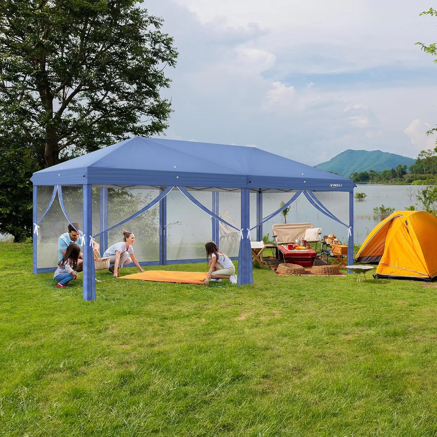 VINGLI 10x20 Pop Up Canopy with Sidewalls Wheeled Bag Easy Up Canopy Tent with Nettings, Screened in Gazebo for Camping Screened Canopy (Blue, 10x20)