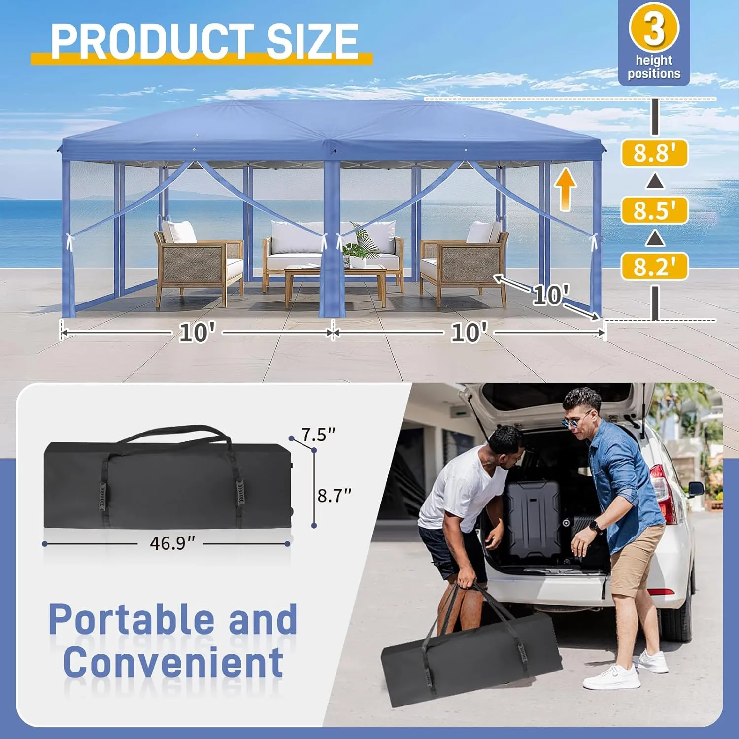VINGLI 10x20 Pop Up Canopy with Sidewalls Wheeled Bag Easy Up Canopy Tent with Nettings, Screened in Gazebo for Camping Screened Canopy (Blue, 10x20)