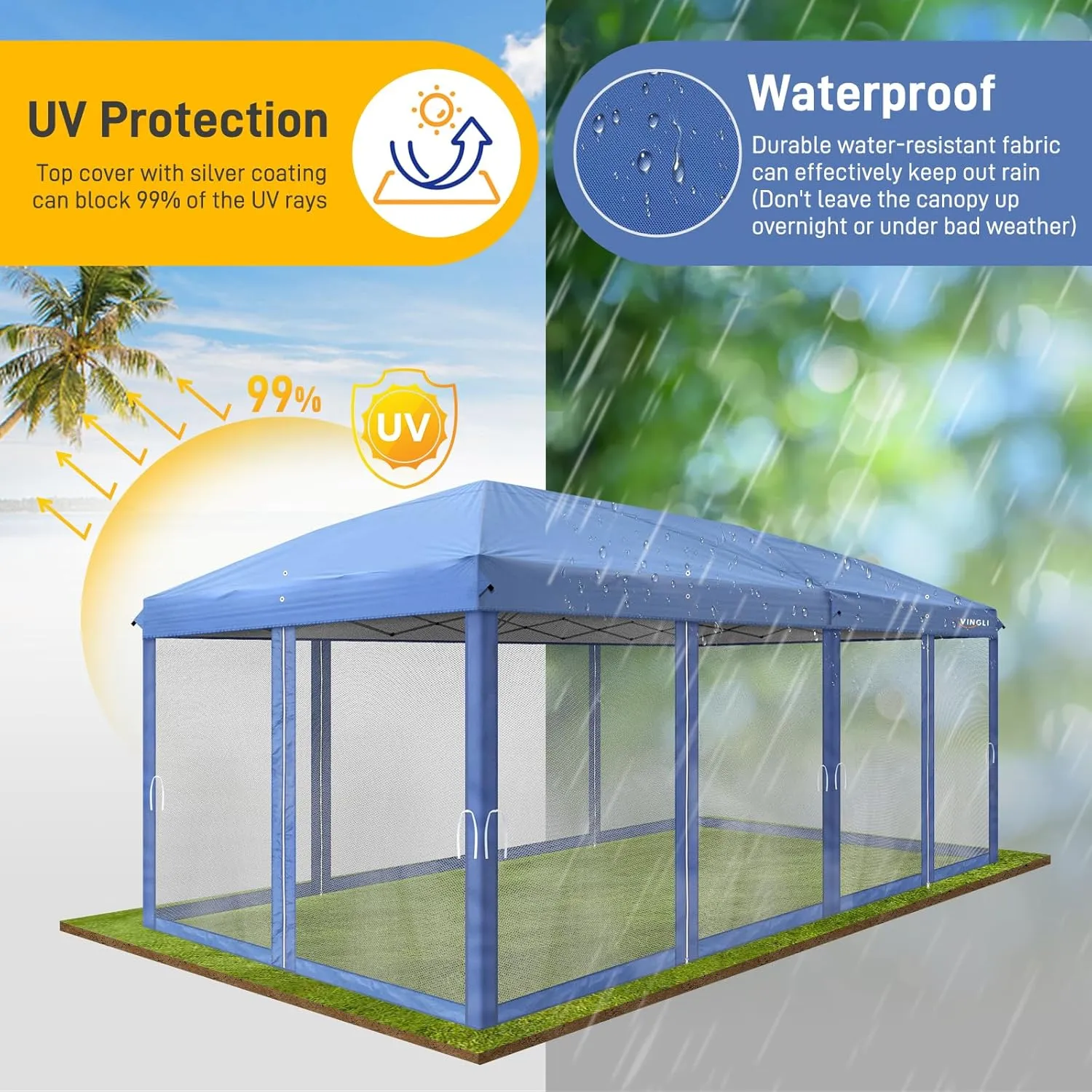 VINGLI 10x20 Pop Up Canopy with Sidewalls Wheeled Bag Easy Up Canopy Tent with Nettings, Screened in Gazebo for Camping Screened Canopy (Blue, 10x20)