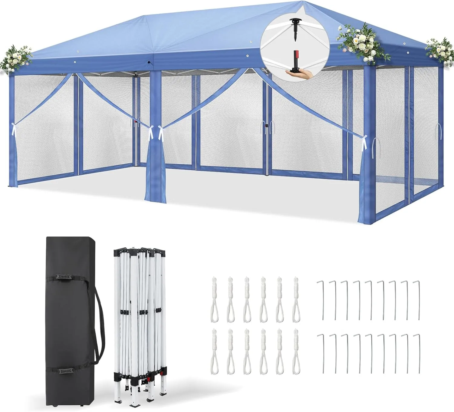 VINGLI 10x20 Pop Up Canopy with Sidewalls Wheeled Bag Easy Up Canopy Tent with Nettings, Screened in Gazebo for Camping Screened Canopy (Blue, 10x20)