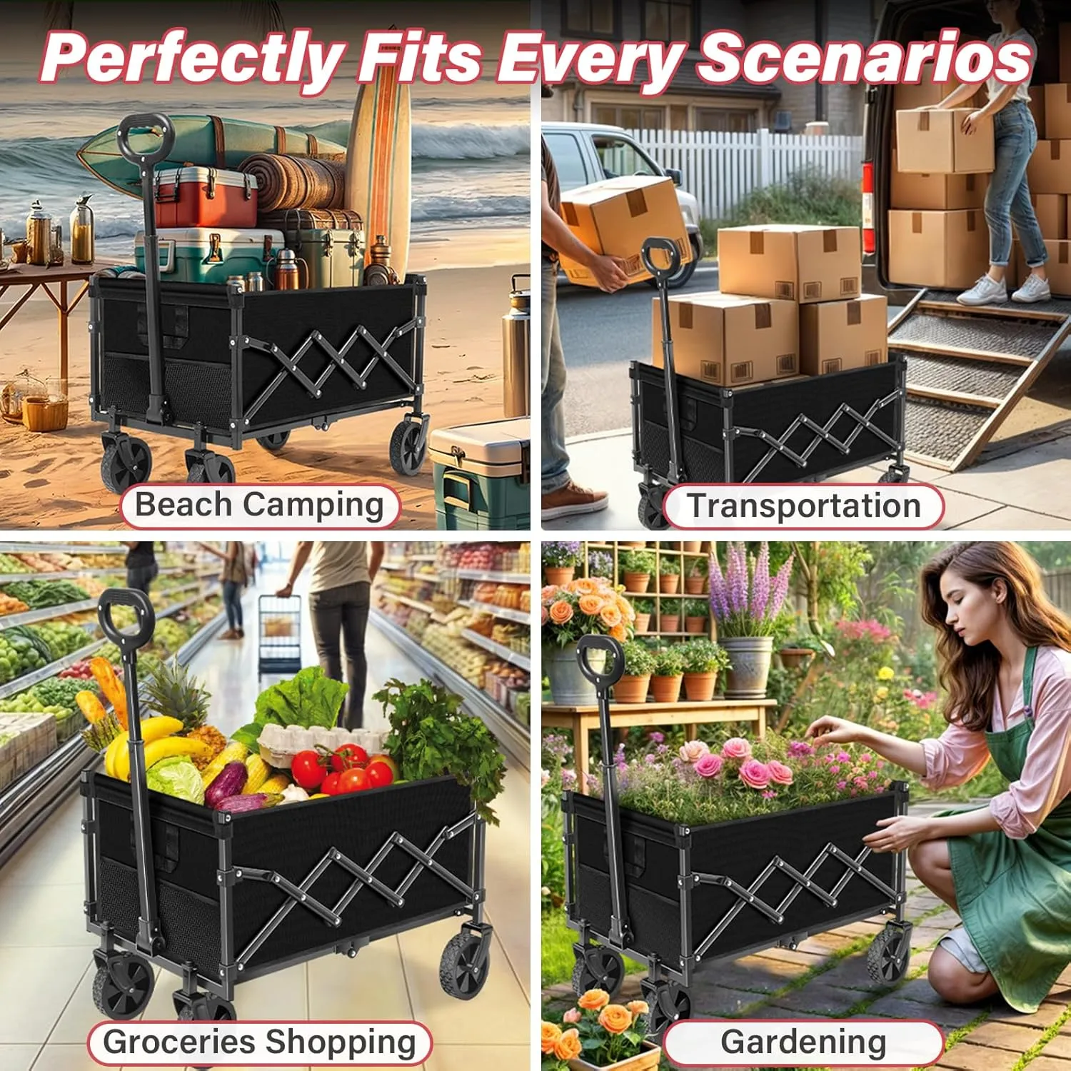 Wagons Carts Foldable - Collapsible Wagon Cart - Foldable Wagon Cart with Wheels Lightweight 300LBS for Beach, Sports Camping, Grocery and Garden