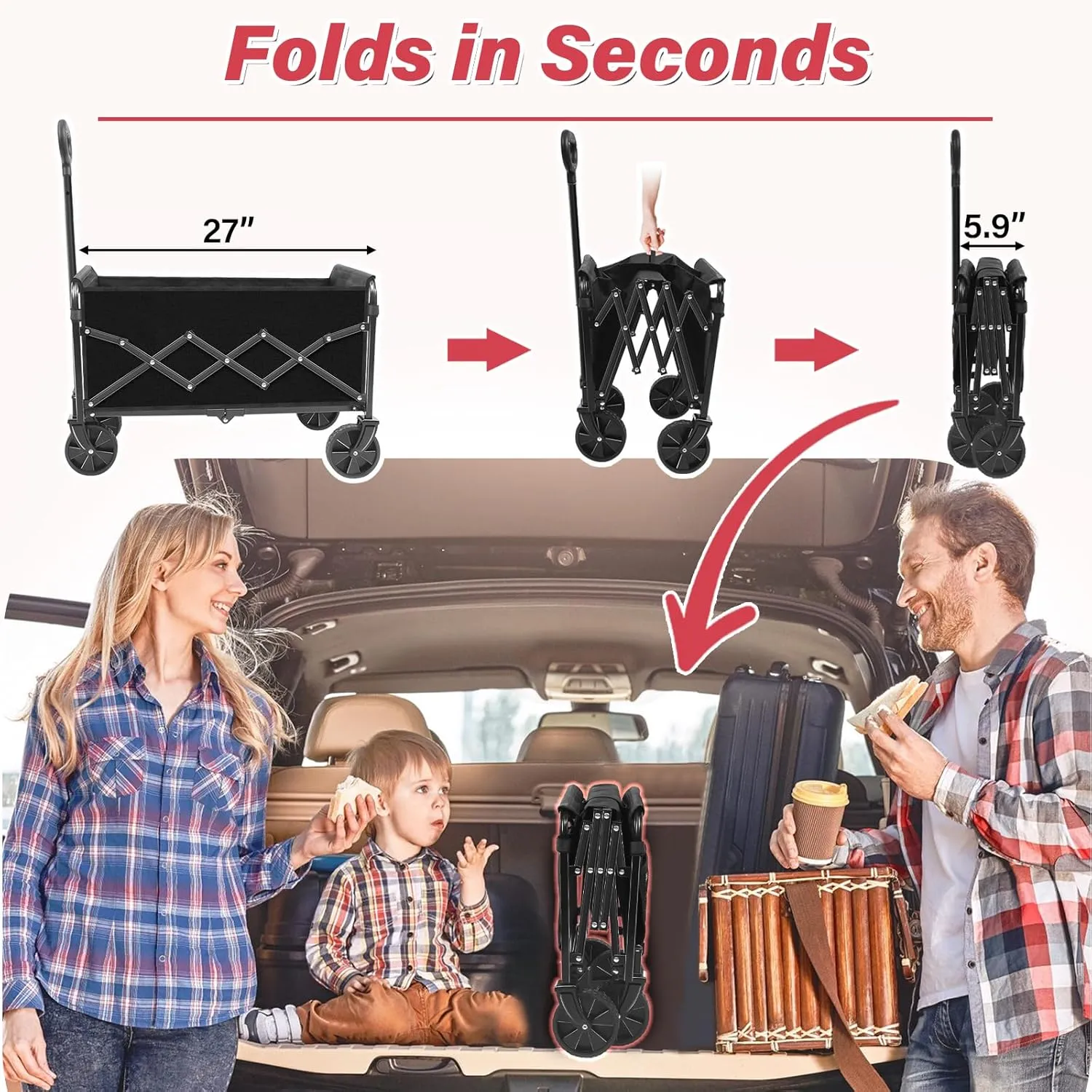Wagons Carts Foldable - Collapsible Wagon Cart - Foldable Wagon Cart with Wheels Lightweight 300LBS for Beach, Sports Camping, Grocery and Garden