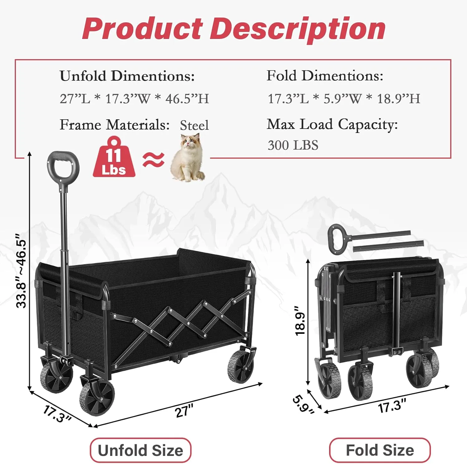 Wagons Carts Foldable - Collapsible Wagon Cart - Foldable Wagon Cart with Wheels Lightweight 300LBS for Beach, Sports Camping, Grocery and Garden