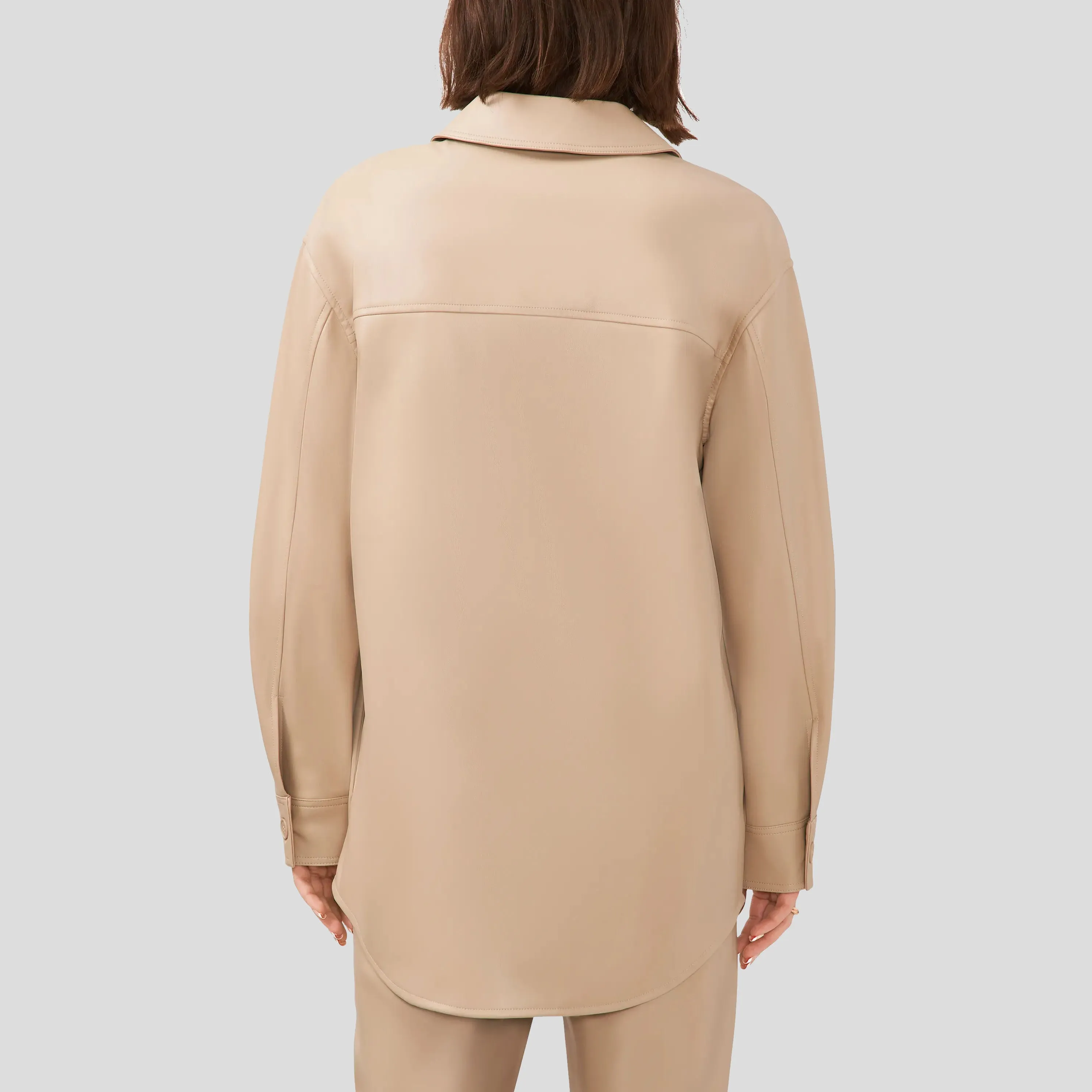 Women Faux Leather Shirt Jacket in Oxford Tan