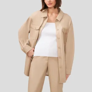 Women Faux Leather Shirt Jacket in Oxford Tan