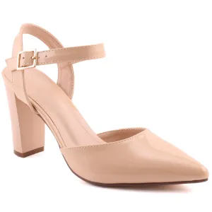 Women "ZUBIN" Pointed Toe Shiny Surface Ankle Strap Block Heel Sandals