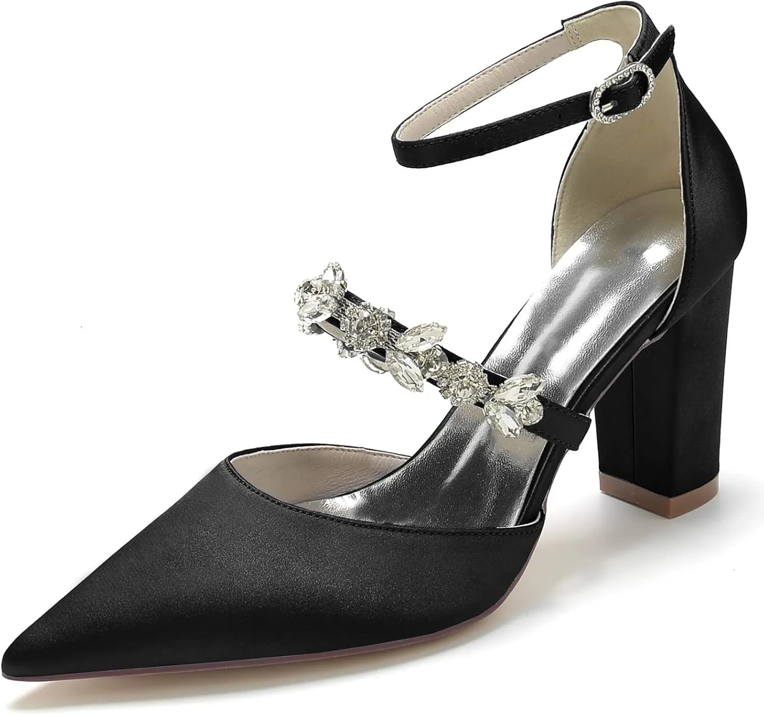 Women Vintage Wedding Bridal Rhinestone Ankle Strap High Heel Pumps Block Heel Sandal Shoes