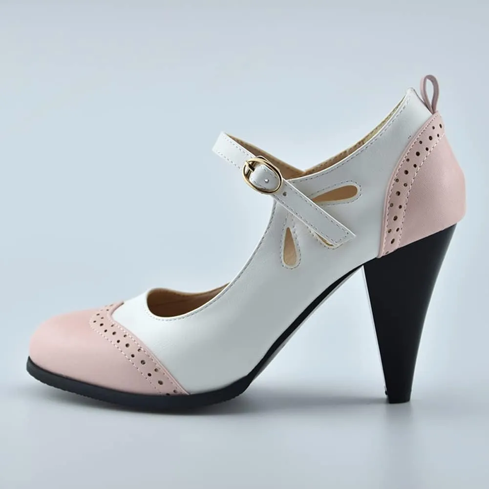 Womens Brown Retro Mary Jane Oxford High Heels Pumps Shoes for Women Teardrop Cutout Round Toe Pierced Strappy Oxfords Mary Janes High-Heel Pump Shoe