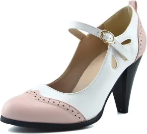 Womens Brown Retro Mary Jane Oxford High Heels Pumps Shoes for Women Teardrop Cutout Round Toe Pierced Strappy Oxfords Mary Janes High-Heel Pump Shoe