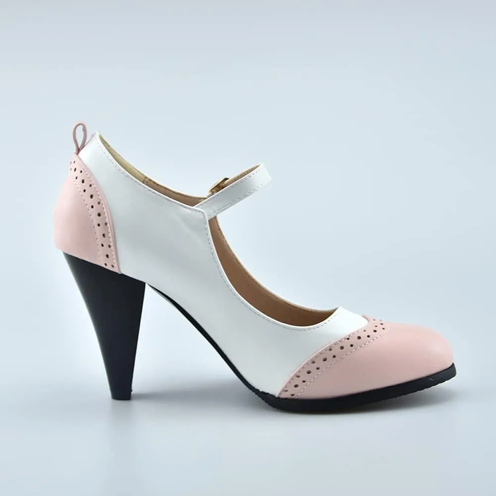 Womens Brown Retro Mary Jane Oxford High Heels Pumps Shoes for Women Teardrop Cutout Round Toe Pierced Strappy Oxfords Mary Janes High-Heel Pump Shoe