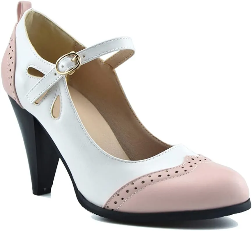 Womens Brown Retro Mary Jane Oxford High Heels Pumps Shoes for Women Teardrop Cutout Round Toe Pierced Strappy Oxfords Mary Janes High-Heel Pump Shoe