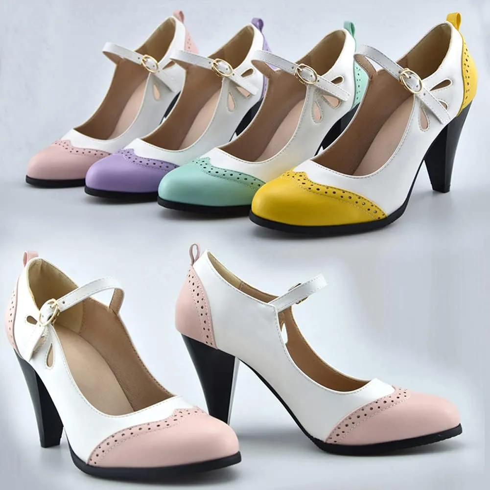 Womens Brown Retro Mary Jane Oxford High Heels Pumps Shoes for Women Teardrop Cutout Round Toe Pierced Strappy Oxfords Mary Janes High-Heel Pump Shoe