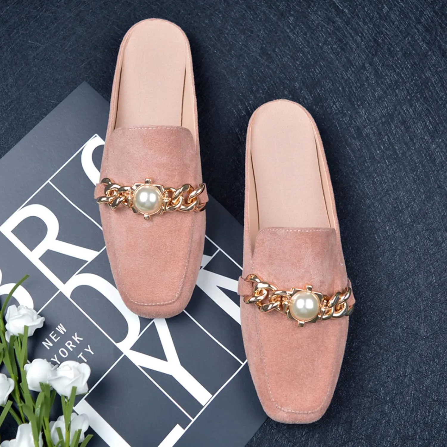 Women's Chain Pearl Square Toe Suede Backless Mule,Fashion Comfortable Flat Slip on Half Slippers Closed Toe Loafer Shoes