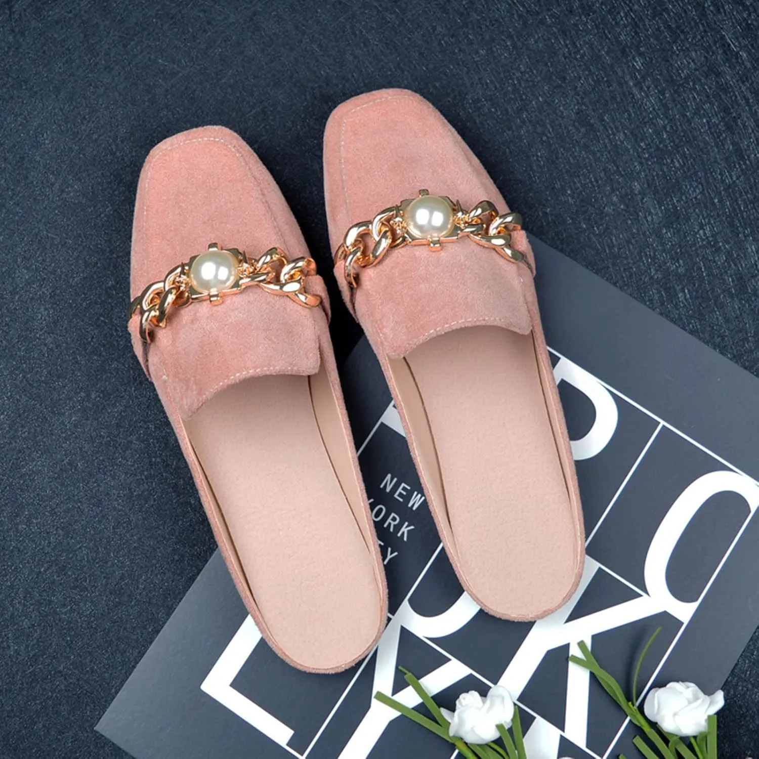 Women's Chain Pearl Square Toe Suede Backless Mule,Fashion Comfortable Flat Slip on Half Slippers Closed Toe Loafer Shoes