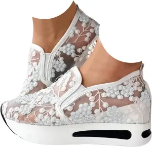 Women's Fashion Sneakers Dressy ，Floral Embroidery Breathable Sheer Mesh Wedge Sneakers Platform Casual Sneakers Lace up Walking Shoes