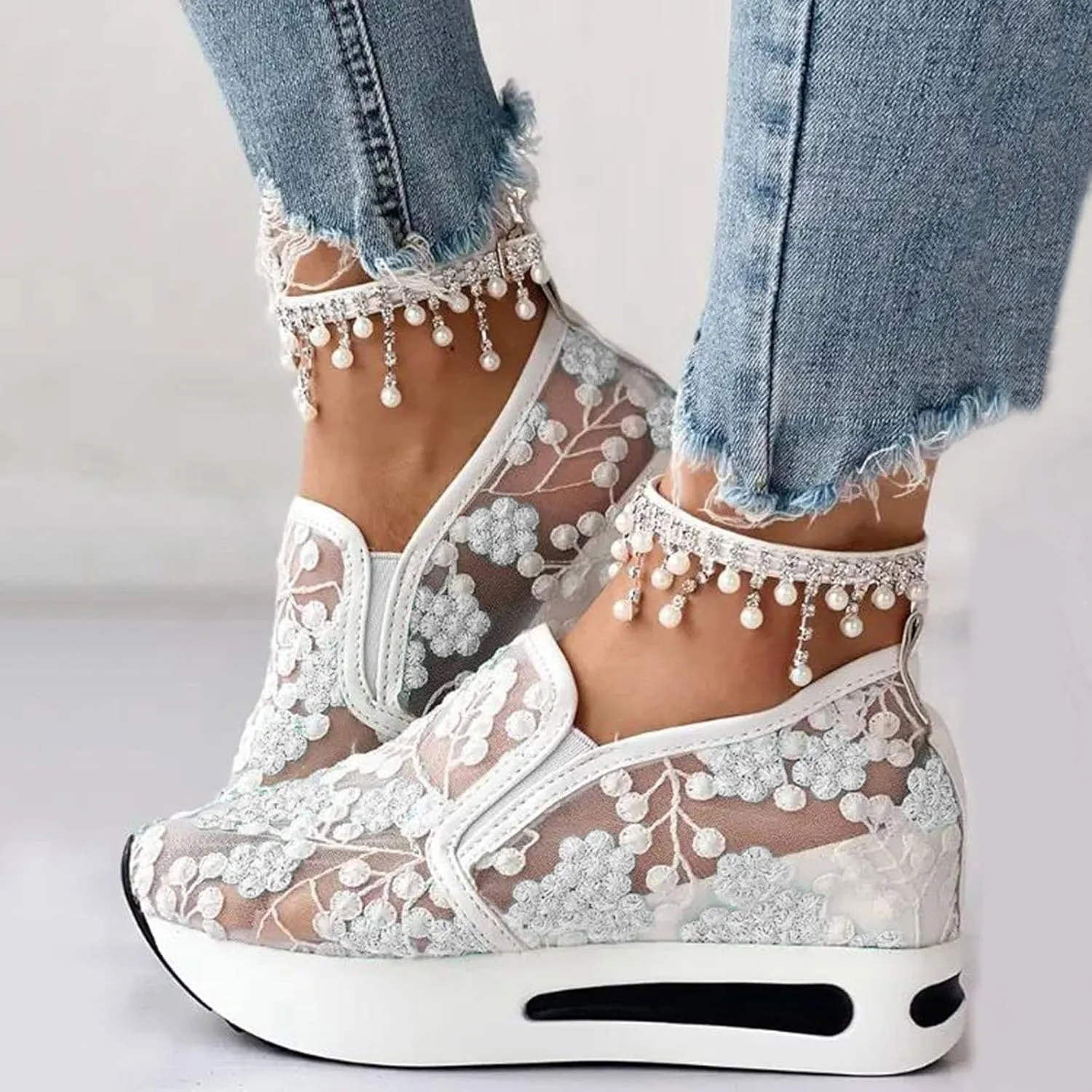 Women's Fashion Sneakers Dressy ，Floral Embroidery Breathable Sheer Mesh Wedge Sneakers Platform Casual Sneakers Lace up Walking Shoes