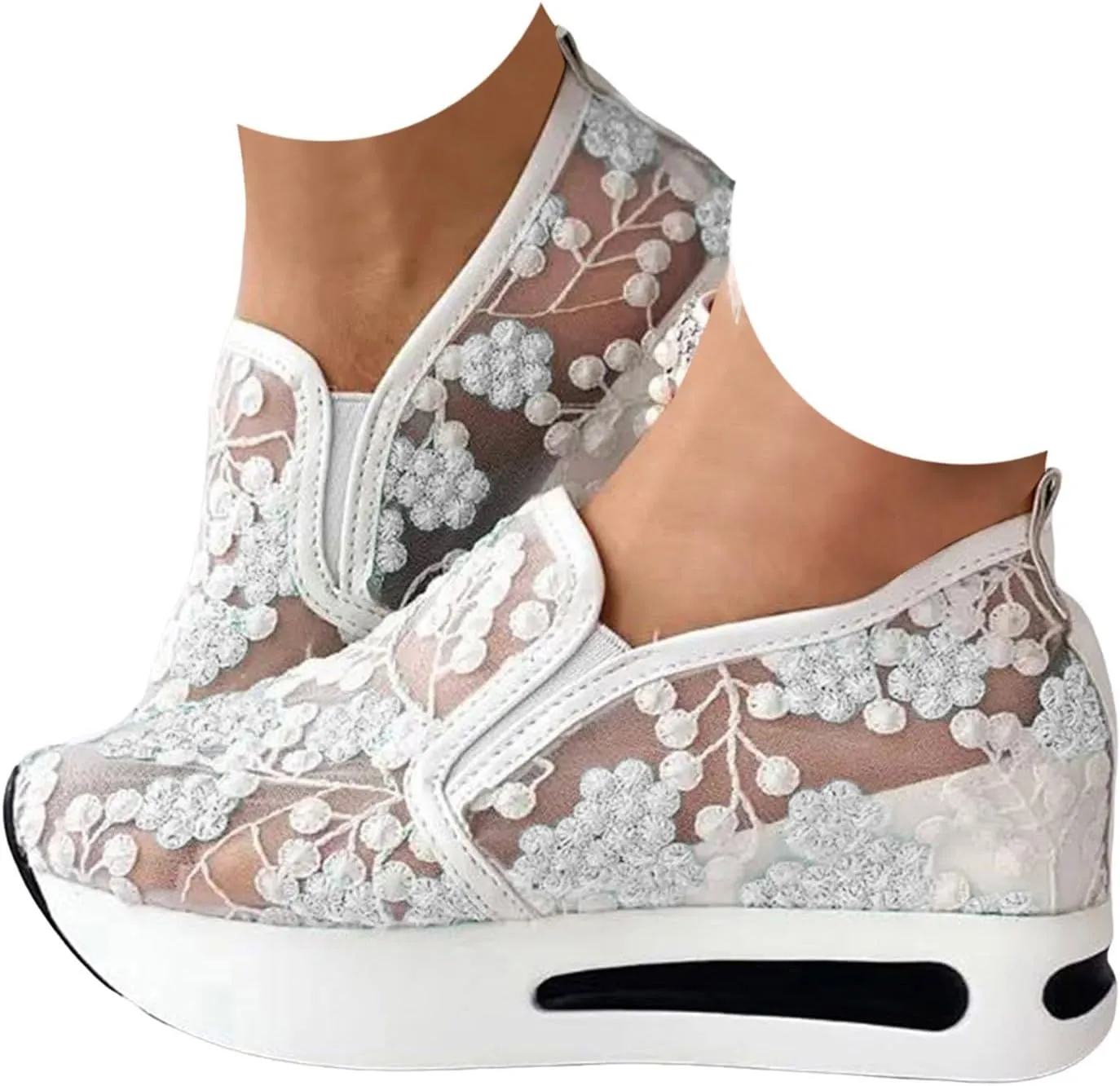 Women's Fashion Sneakers Dressy ，Floral Embroidery Breathable Sheer Mesh Wedge Sneakers Platform Casual Sneakers Lace up Walking Shoes
