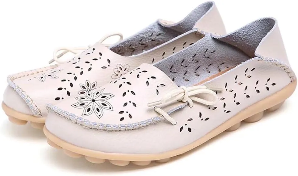 Women's Floral Leather Slip-On Shoes Flat Slipper Walking Loafers