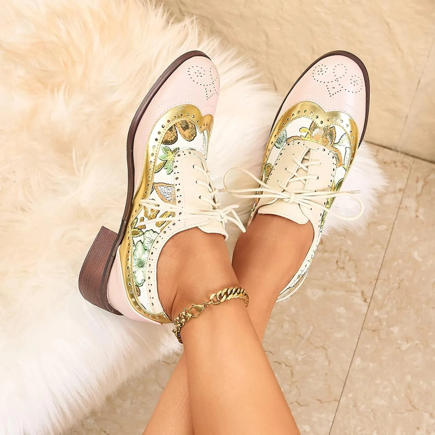 Women's Floral Oxford Brogue Chunky Heeled Two Tone Saddle Shoes