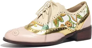 Women's Floral Oxford Brogue Chunky Heeled Two Tone Saddle Shoes