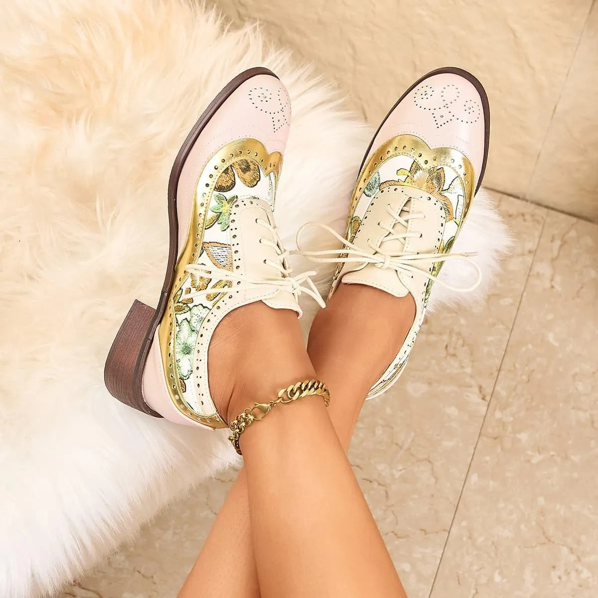 Women's Floral Oxford Brogue Chunky Heeled Two Tone Saddle Shoes